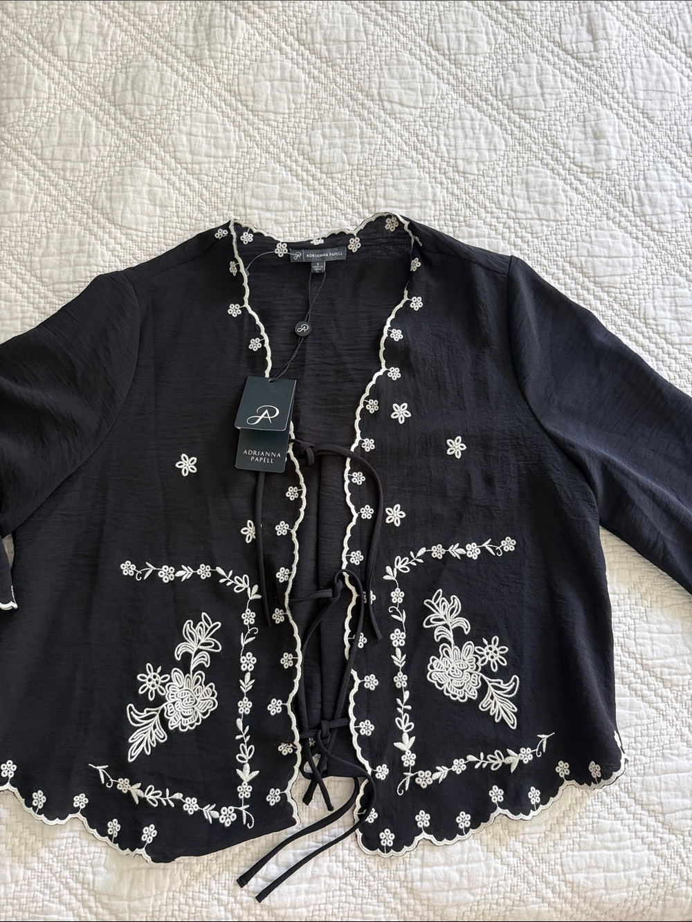 Adrianna Papell Black Top Floral Embroidery tie woven top or open cardigan - Picture 6 of 12